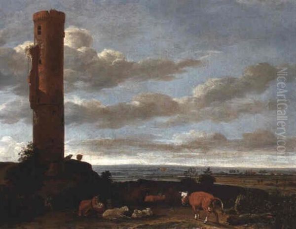 A Shepherd With Cattle And Sheep By A Tower In An Extensive Landscape - view 1