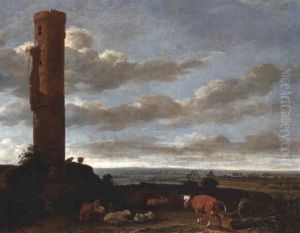 A Shepherd With Cattle And Sheep By A Tower In An Extensive Landscape by Anthonie Van Borssom