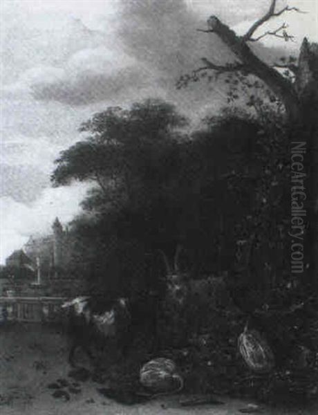 Goats By Pumpkins At The Edge Of A Wood - view 1
