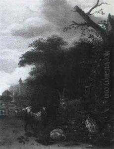 Goats By Pumpkins At The Edge Of A Wood