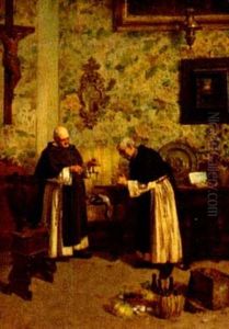Genre Scene Of Two Priests Weighing Offerings Of Food by Giuseppe Bortignoni the Elder