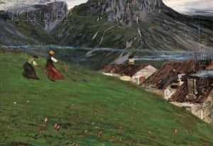 Two Figures On A Hillside Overlooking Village Roofs Two Figures On A Hillside Overlooking Village Roofs
