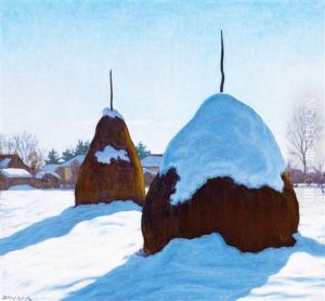 Hay-stacks In Winter (nagybanya) by Samu Boertsoek