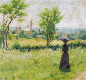 Dame Mit Sonnenschirm Auf Einer Wiese Vor Nagybanya by Samu Boertsoek