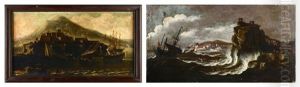 Navire Au Cardage Dans Un Port Mediterraneen Et Marine Par Gros Temps (pair) by Luciano Borzone