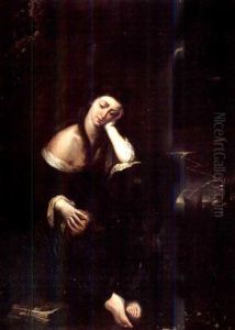 Saint Mary Magdalen Meditating In A Stormy Landscape by Luciano Borzone
