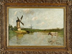 Muhlenlandschaft Mit Kuhen Am Weiher by Gerard Johannes Bos