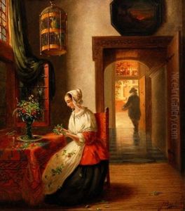 Madchen Beim Blumenbinden by Gerard Johannes Bos