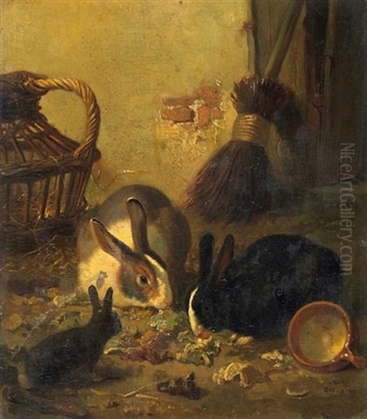 Hasenfamilie Vor Dem Stall, Buntes Gemuse Futternd - view 1