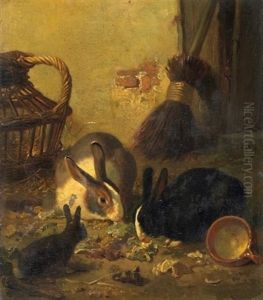 Hasenfamilie Vor Dem Stall, Buntes Gemuse Futternd by Gerard Johannes Bos