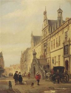 View Of The Breestraat In Leiden With Figures Before The City Hall