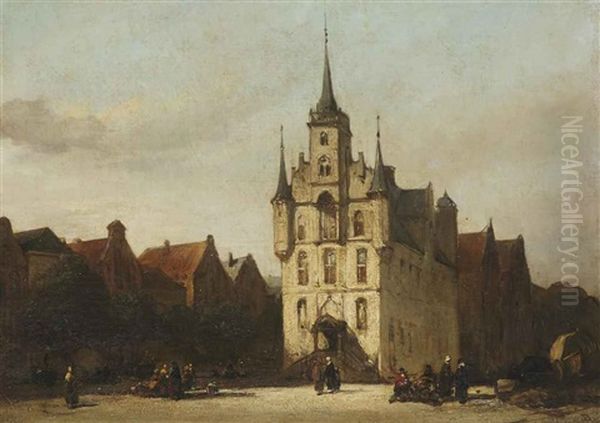Townspeople Near The Townhall Of Gouda - view 1