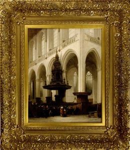 Figures At A Chuch Service In The Nieue Kerk, Amsterdam by Johannes Bosboom