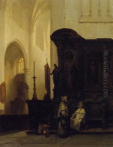 A Gothic Church Interior In Wouw, With Monks Conversing - view 1
