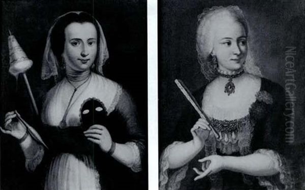 Portraits Of An Elegant Lady Dressed In A Formal Gown And A Spinner Holder A Distaff And Spindle In One Hand And A Mask - view 1