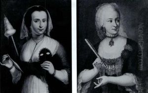 Portraits Of An Elegant Lady Dressed In A Formal Gown And A Spinner Holder A Distaff And Spindle In One Hand And A Mask