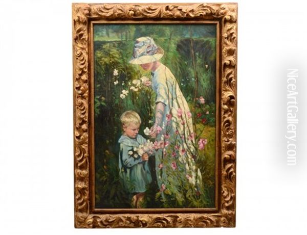 Mother And Child Picking Flowers - view 1