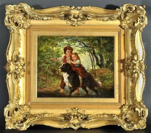 Junge Und Madchen Mit Hund Beim Uberqueren Eines Waldbachs by Ernst Bosch