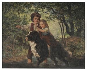 Two Children Crossing A Creek With A Dog Two Children Crossing A Creek With A Dog