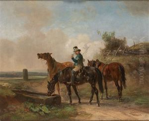Postillon Mit Drei Pferden An Der Tranke by Ernst Bosch