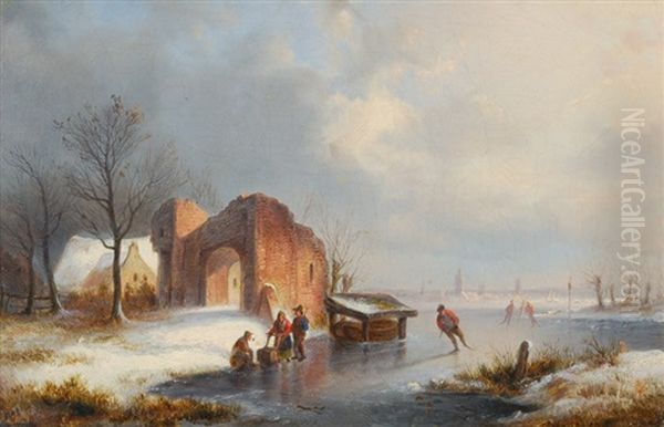 Winter Landscape With Skaters On A Frozen River - view 1