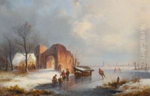 Winter Landscape With Skaters On A Frozen River by Ernst Bosch