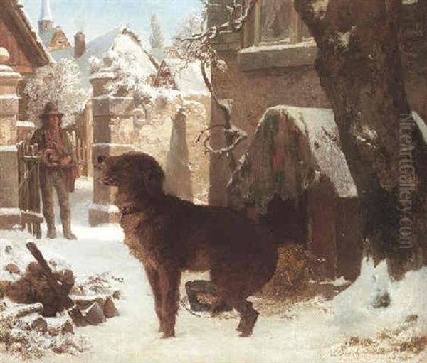 Das Hundekonzert. Musikant Mit Drehleier In Winterlicher Dorflandschaft - view 1