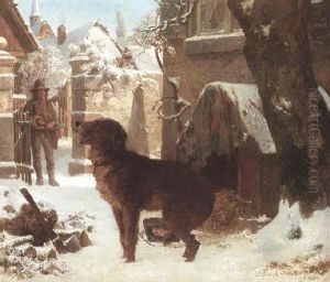 Das Hundekonzert. Musikant Mit Drehleier In Winterlicher Dorflandschaft by Ernst Bosch
