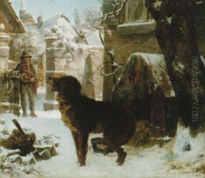 Gardsmotiv Med Hund Och Musikant, Vinter Gardsmotiv Med Hund Och Musikant, Vinter