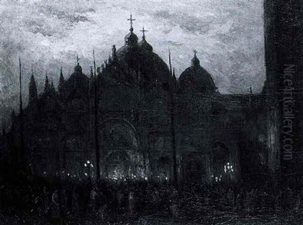 Numerous Figures In Front Of The San Marco, Venice, At Night - view 1