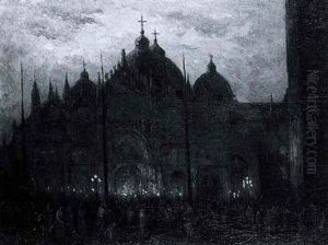 Numerous Figures In Front Of The San Marco, Venice, At Night by Etienne Marie Theodore Bosch