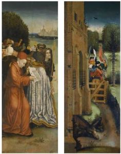 Two Wings Of An Altarpiece: A Crowd Of Onlookers Before A Fantastical City; An Army Taking Leave Of A Castle (pair) by Hieronymous Bosch