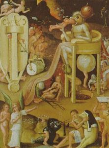Ein Engel Zeigt Einer Menschlichen Seele In Der Gestalt Eines Nackten Mannes Die Holle by Hieronymous Bosch