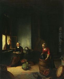 Geschaftige Magd Lauscht Dem Gesprach Zweier An Einem Fenster Parlierenden Frauen Zu by Jacob Pieter van den Bosch