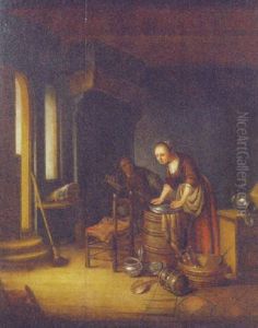 A Maid And A Man Smoking In An Interior by Jacob Pieter van den Bosch