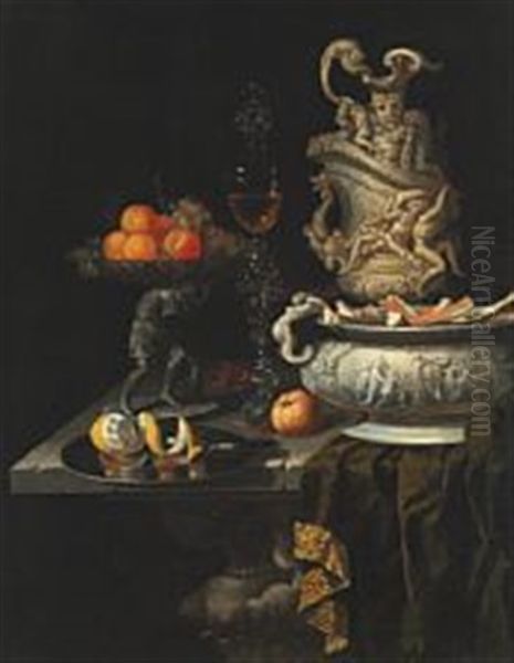 Still Life With Gorgeous Pitcher, Peeled Lemon On Platter And Centrepiece With Fruits - view 1