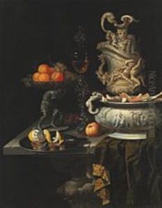 Still Life With Gorgeous Pitcher, Peeled Lemon On Platter And Centrepiece With Fruits