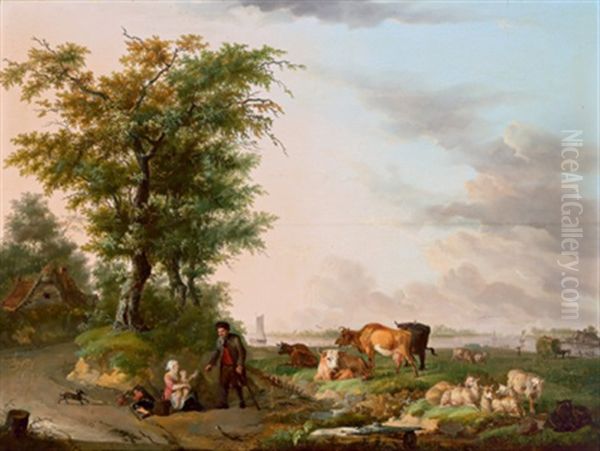 Niederlandische Weidelandschaft Mit Einem Wasserlauf Und Hirten Mit Herde - view 1