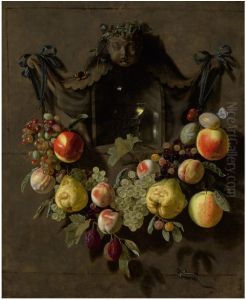 A Trompe L'oeil Still Life With A Swag Of Grapes, Pears, Peaches, Apples, Plums, And Butterflies Decorating A Niche With A Glass Roemer