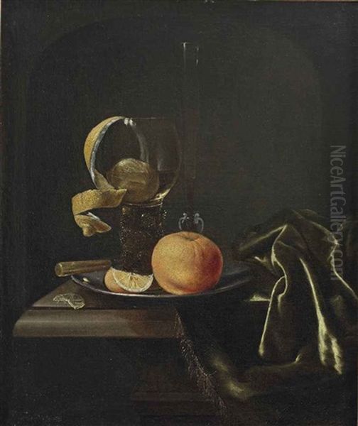 An Orange, A Peeled Lemon And A Glass On A Pewter Dish, All On A Partially Draped Table - view 1