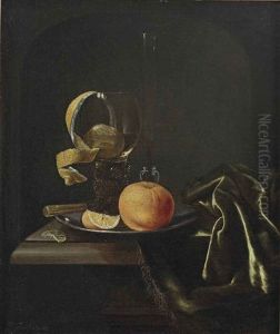 An Orange, A Peeled Lemon And A Glass On A Pewter Dish, All On A Partially Draped Table by Pieter Van Den Bosch