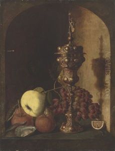 Grapes, A Pear, An Apple, A Lemon, Oysters And A Silver-gilt Cup In A Stone Niche by Pieter Van Den Bosch