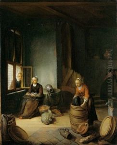 Kucheninterieur Mit Zwei Magden Bei Der Arbeit Und Einer Frau Am Fenster by Pieter Van Den Bosch