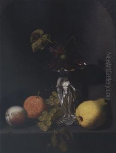 A Peach, An Orange, Grapes, A Pear, And Blue Grapes In A Silver Hercules Tazza On A Stone Ledge In A Niche by Pieter Van Den Bosch