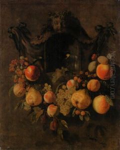 A Swag Of Grapes, Peaches, Pears, Apples And Plums Decorating A Nich With A Roemer