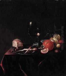 Fruit In A Porcelain Bowl, Radishes On A Pewter Dish, With A Roemer And A Breadroll On A Draped Table by Pieter Van Den Bosch