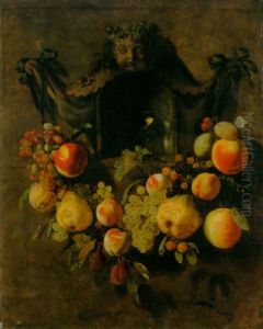 A Swag Of Grapes, Peaches, Pears, Apples And Plums Decorating A Niche With A Roemer