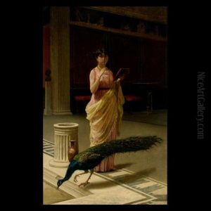 A Portrait Of A Lady With A Peacock In A Roman Interior