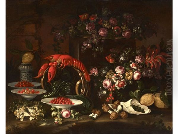 Grosses Stillleben Mit Hummer, Erdbeeren, Blumen Und Morcheln - view 1