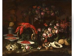 Grosses Stillleben Mit Hummer, Erdbeeren, Blumen Und Morcheln